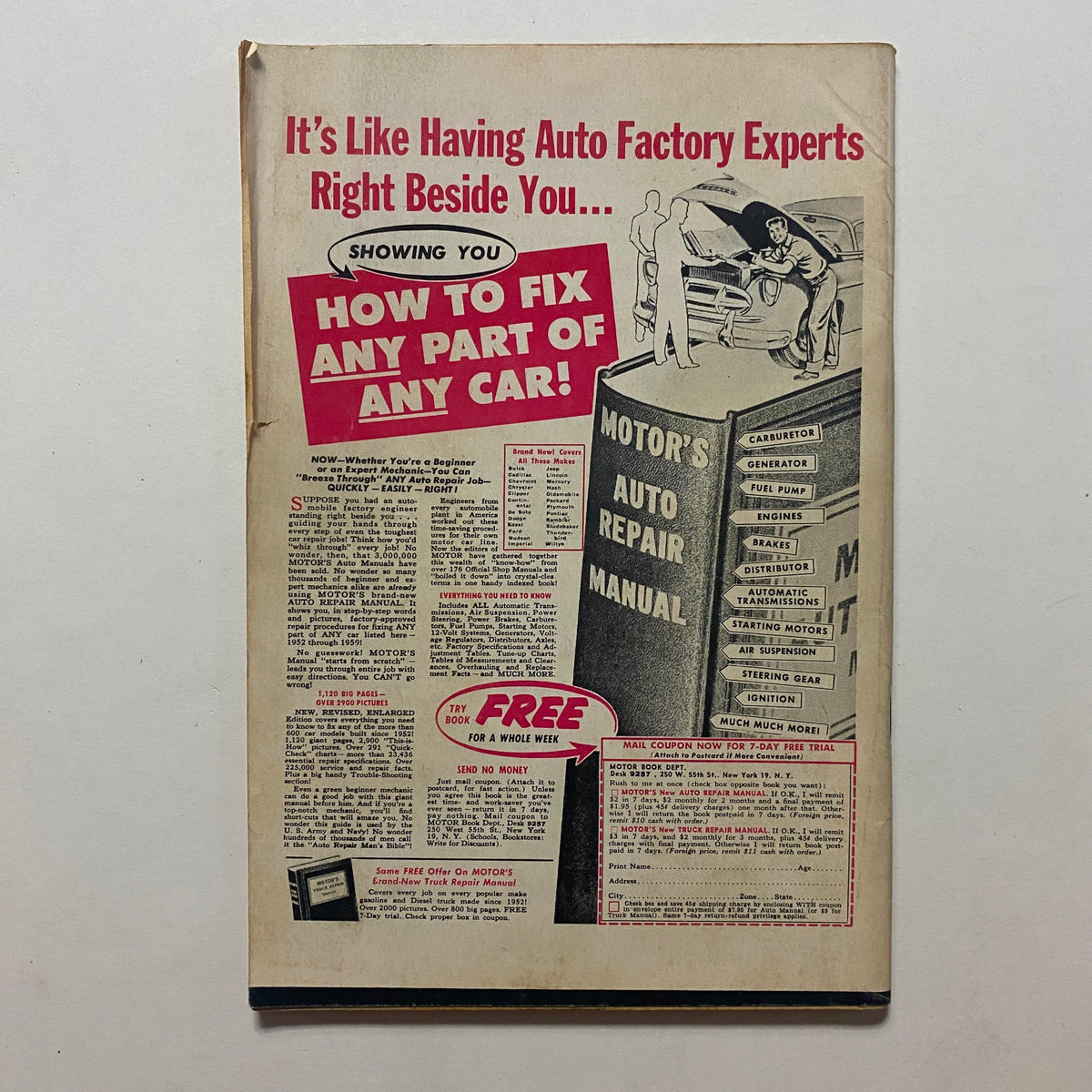 Back cover of VTG Rodding & Re-Styling Magazine July 1959 showcasing an advertisement for automotive repair resources.
