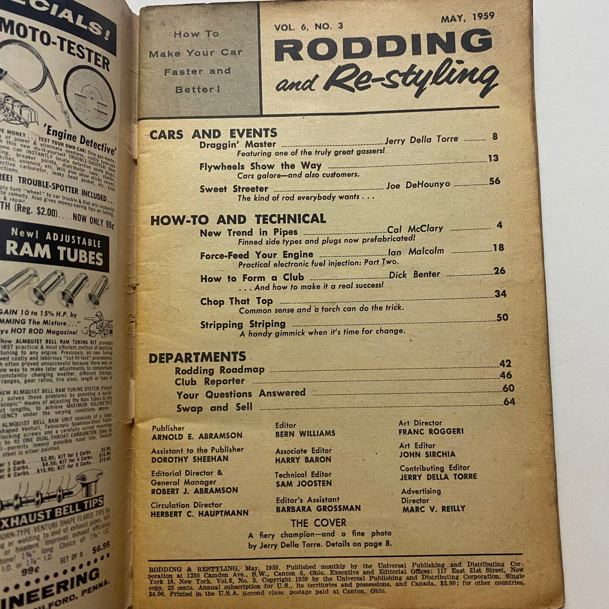 Inside page of VTG Rodding & Re-Styling Magazine May 1959 showing the table of contents with articles related to car events and technical tips for automotive enthusiasts.