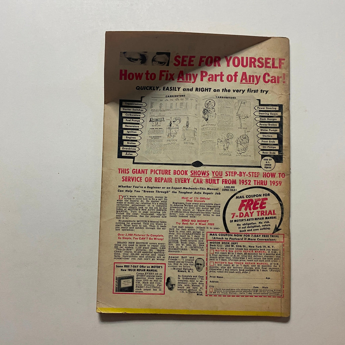 Back cover of VTG Rodding & Re-Styling Magazine May 1959 showcasing an advert for a step-by-step automotive repair guide, appealing to readers interested in self-service car maintenance.