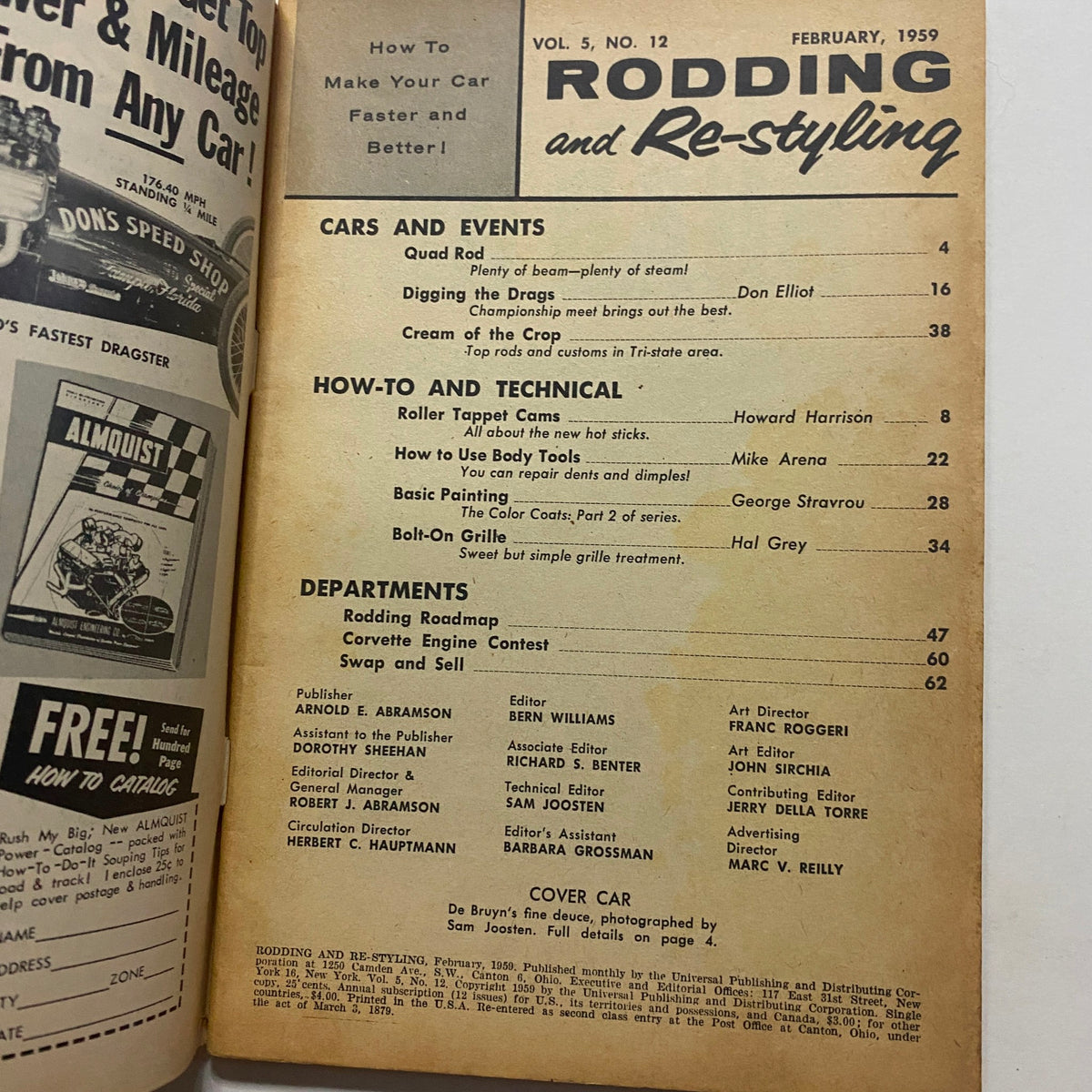 Table of contents page from VTG Rodding & Re-Styling Magazine February 1959, detailing articles and features related to classic cars and customization.