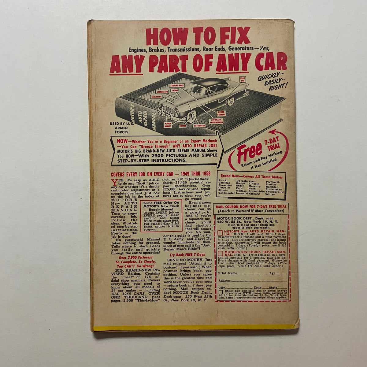 Back cover of VTG Rodding & Re-Styling Magazine February 1959, advertising a car repair manual and highlighting essential automotive fixes.