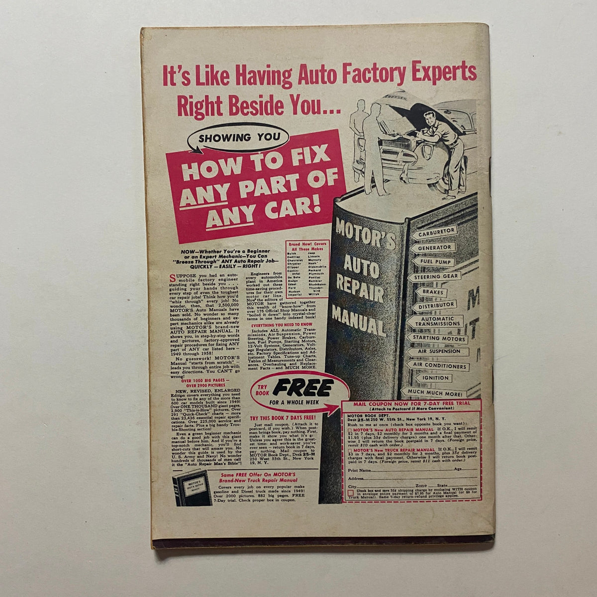 Back cover of VTG Rodding & Re-Styling Magazine December 1958, featuring an advertisement for Motor's Auto Repair Manual.