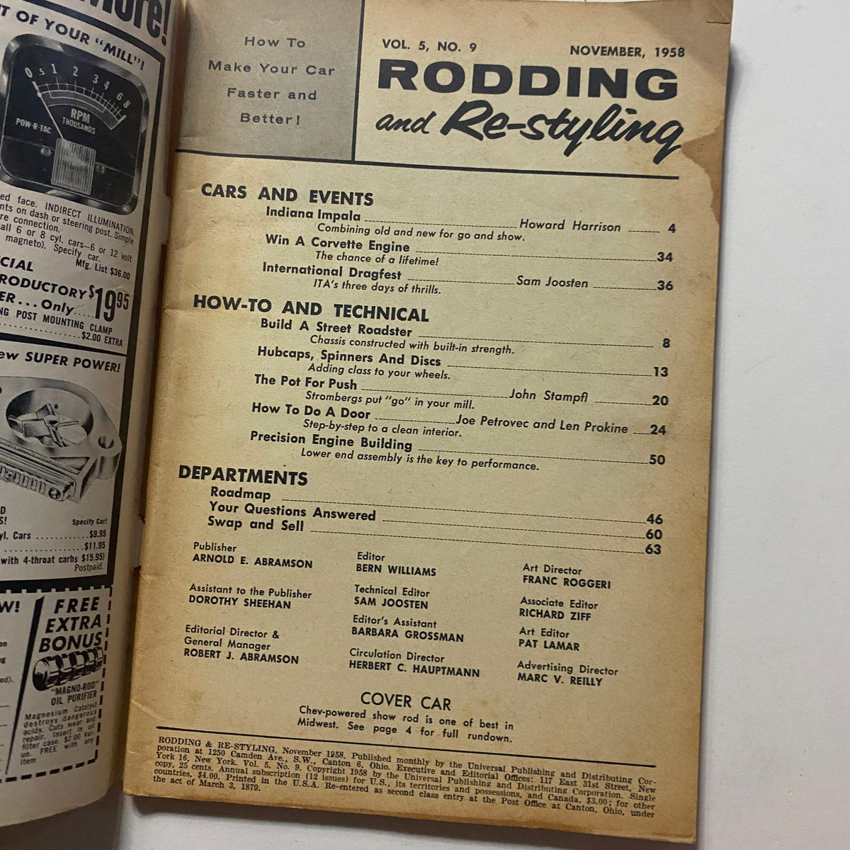 Inside page of VTG Rodding & Re-Styling Magazine November 1958 showcasing content layout, articles on car restoration and technical advice for automotive enthusiasts.