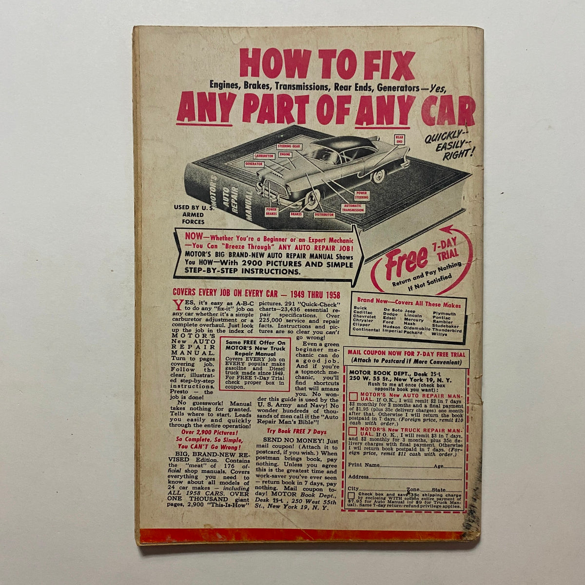 Back cover of VTG Rodding & Re-Styling Magazine November 1958 advertising a comprehensive auto repair manual for fixing any part of any car.