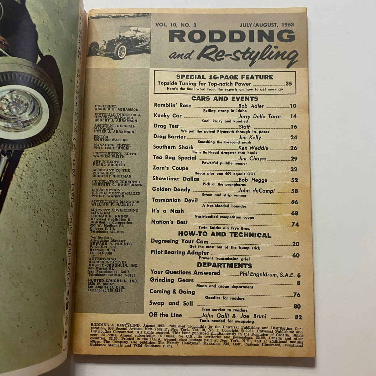 Interior page of VTG Rodding & Re-Styling Magazine August 1963 displaying the contents, including features on cars and events.