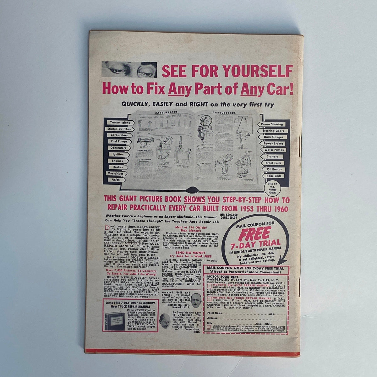 Back cover of VTG Rodding & Re-Styling Magazine April 1960 advertising an auto repair guide, emphasizing practical car repair techniques.