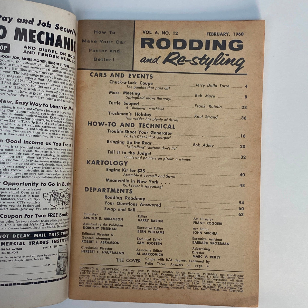 Inside page of VTG Rodding & Re-Styling Magazine February 1960 showcasing articles, technical tips, and event listings related to classic car culture.