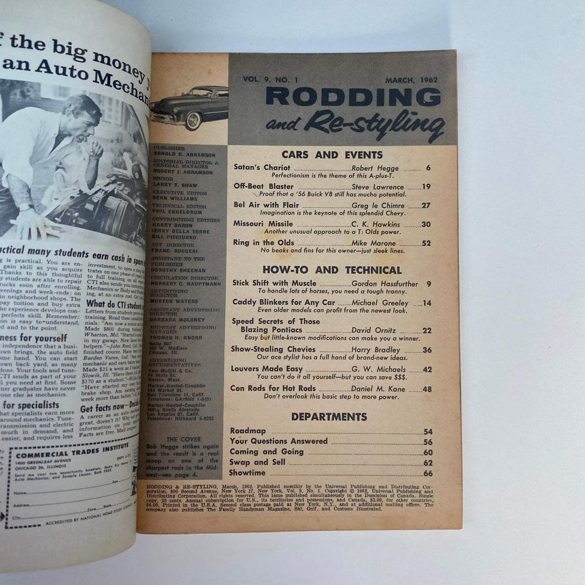 Interior page of VTG Rodding & Re-Styling Magazine March 1962 featuring contents and articles including 'Satan's Chariot' and automotive trends.