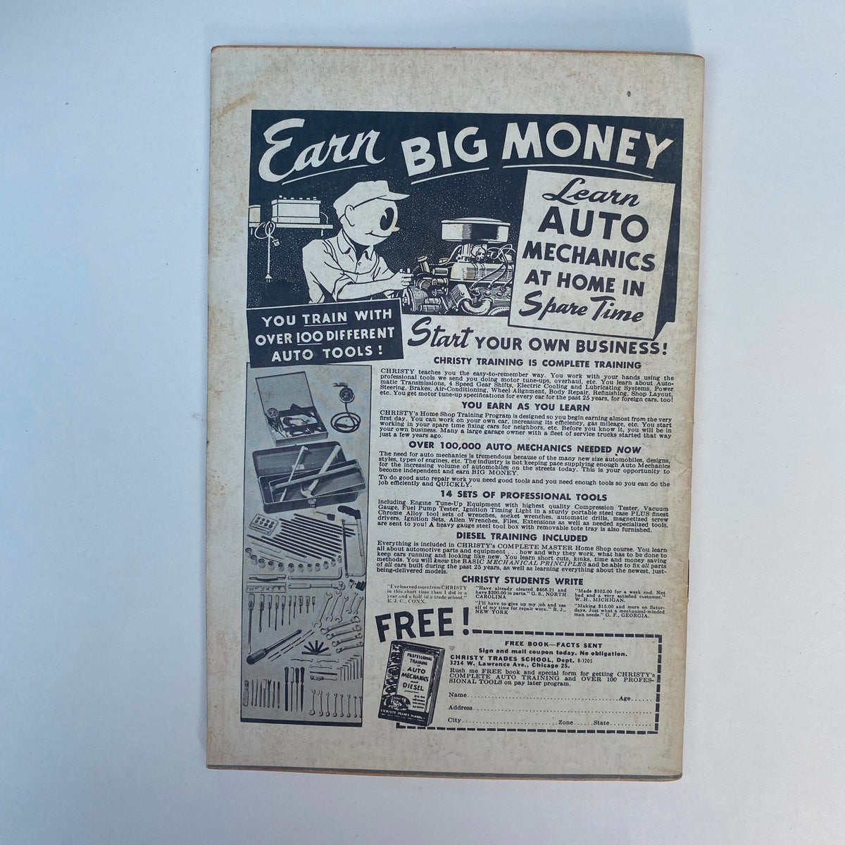 Back cover of VTG Rodding & Re-Styling Magazine March 1962 promoting auto mechanics training program and tools.