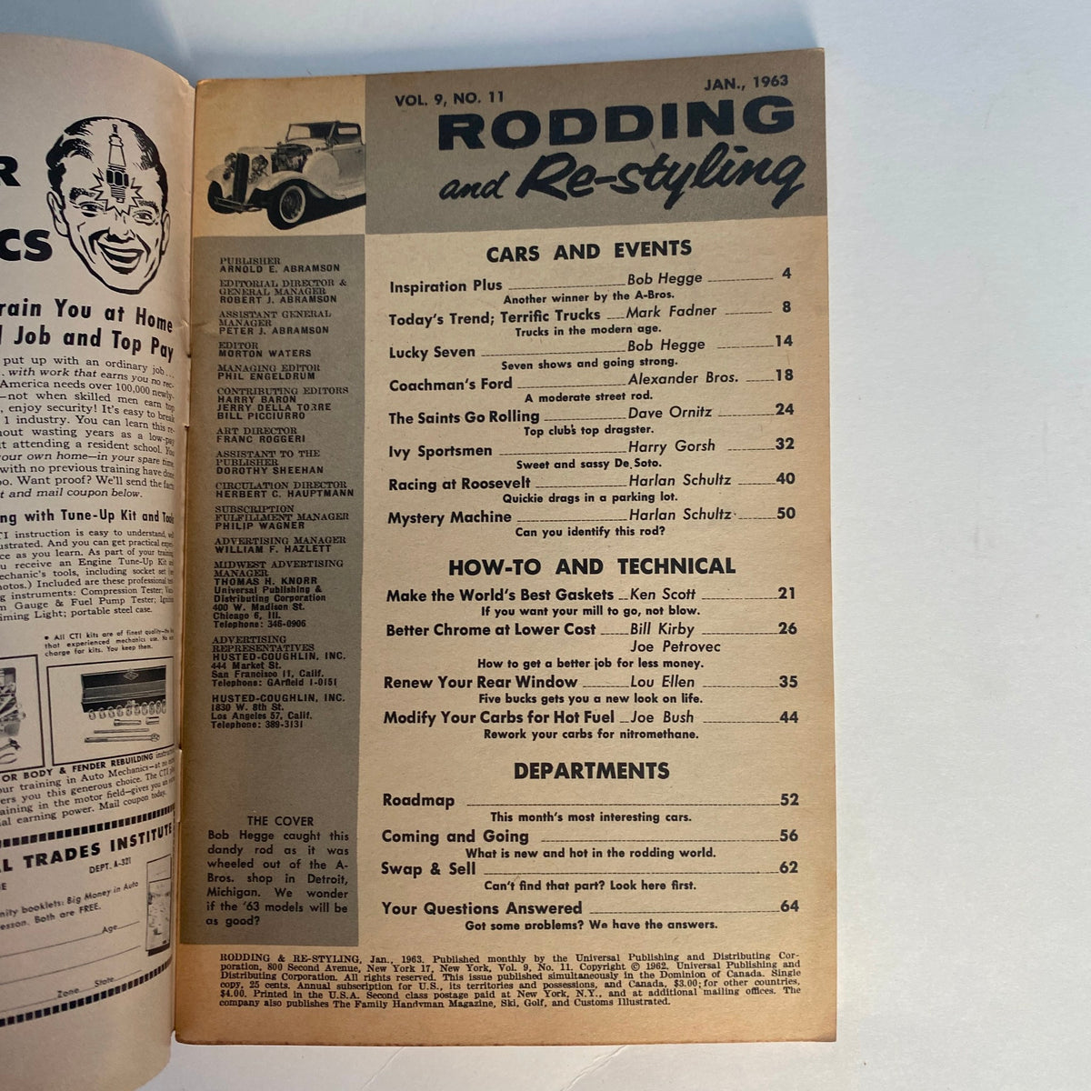 Inside page of VTG Rodding & Re-Styling Magazine January 1963 showcasing the table of contents with various car-related articles.