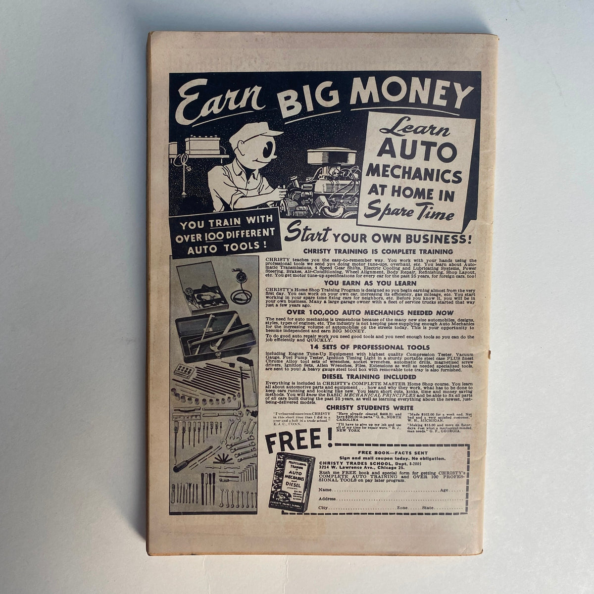 Back cover of VTG Rodding & Re-Styling Magazine November 1962 featuring an advertisement for learning auto mechanics and starting a business with various auto tools and training details.