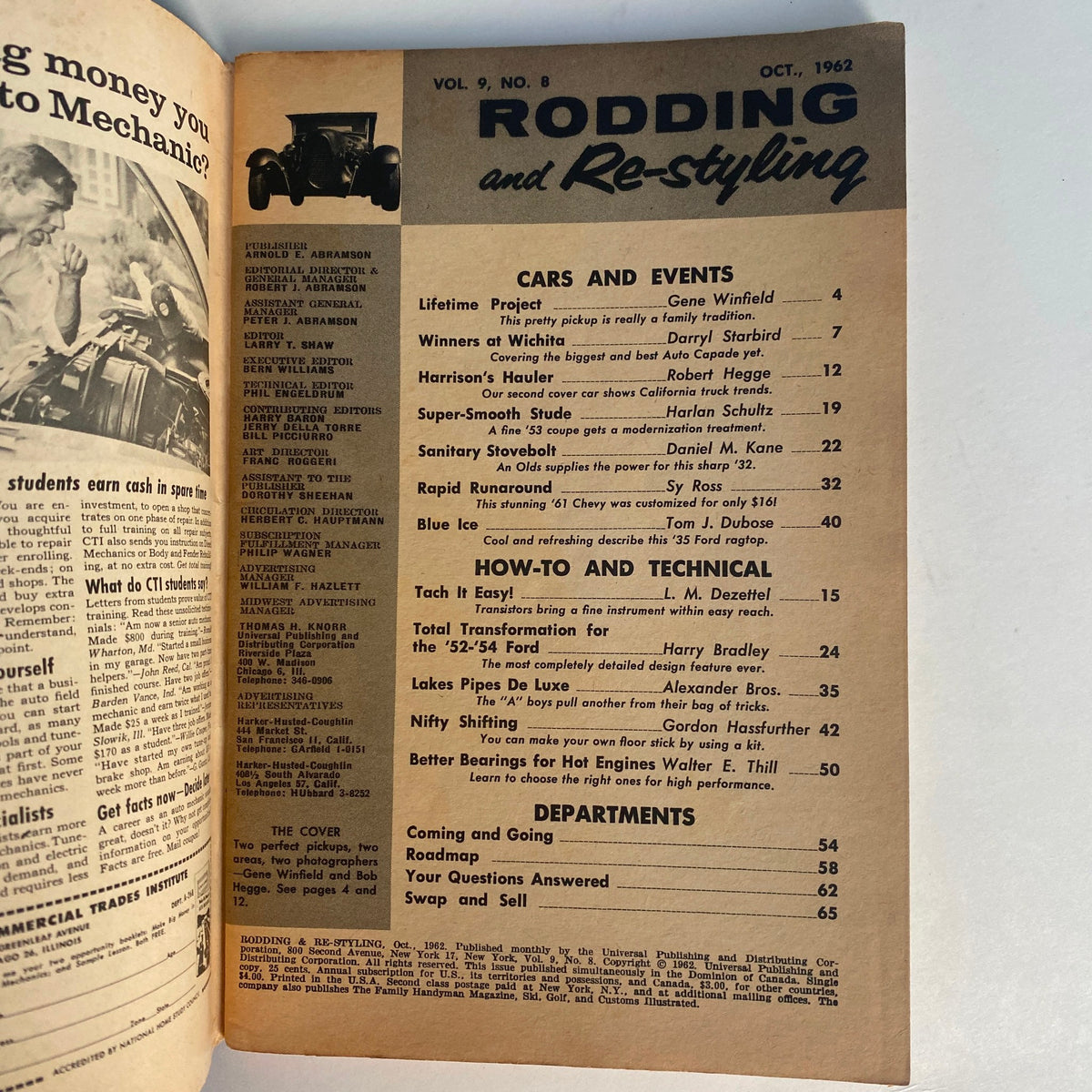 Table of contents page from VTG Rodding & Re-Styling Magazine October 1962, detailing articles on automotive events, how-to guides, and technical insights for car enthusiasts.