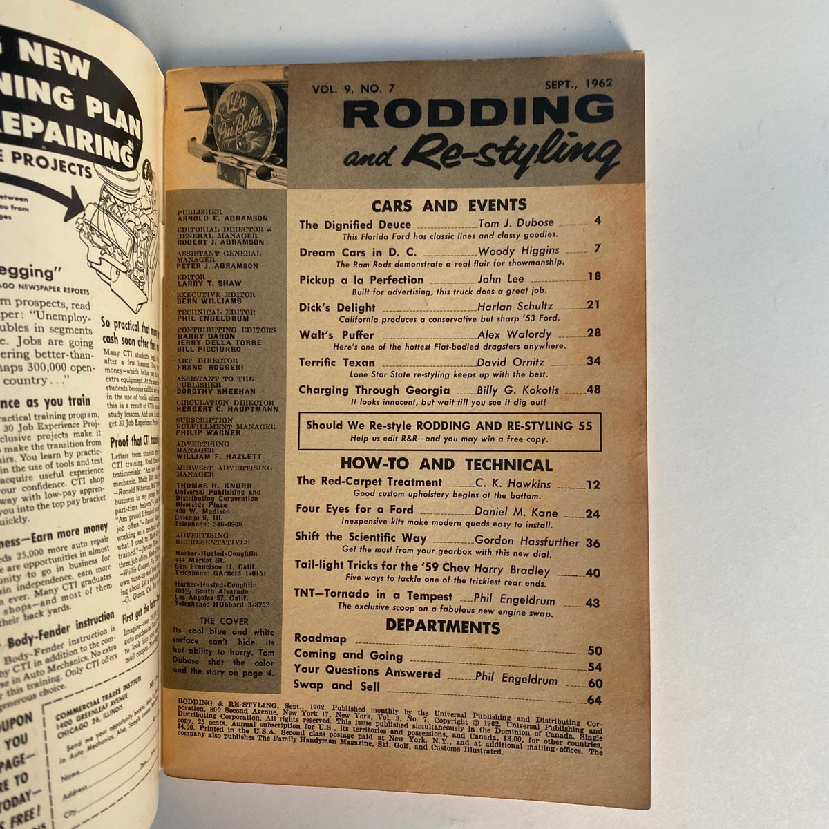 Interior page of the VTG Rodding & Re-Styling Magazine September 1962 showing the table of contents and articles including "The Dignified Deuce."