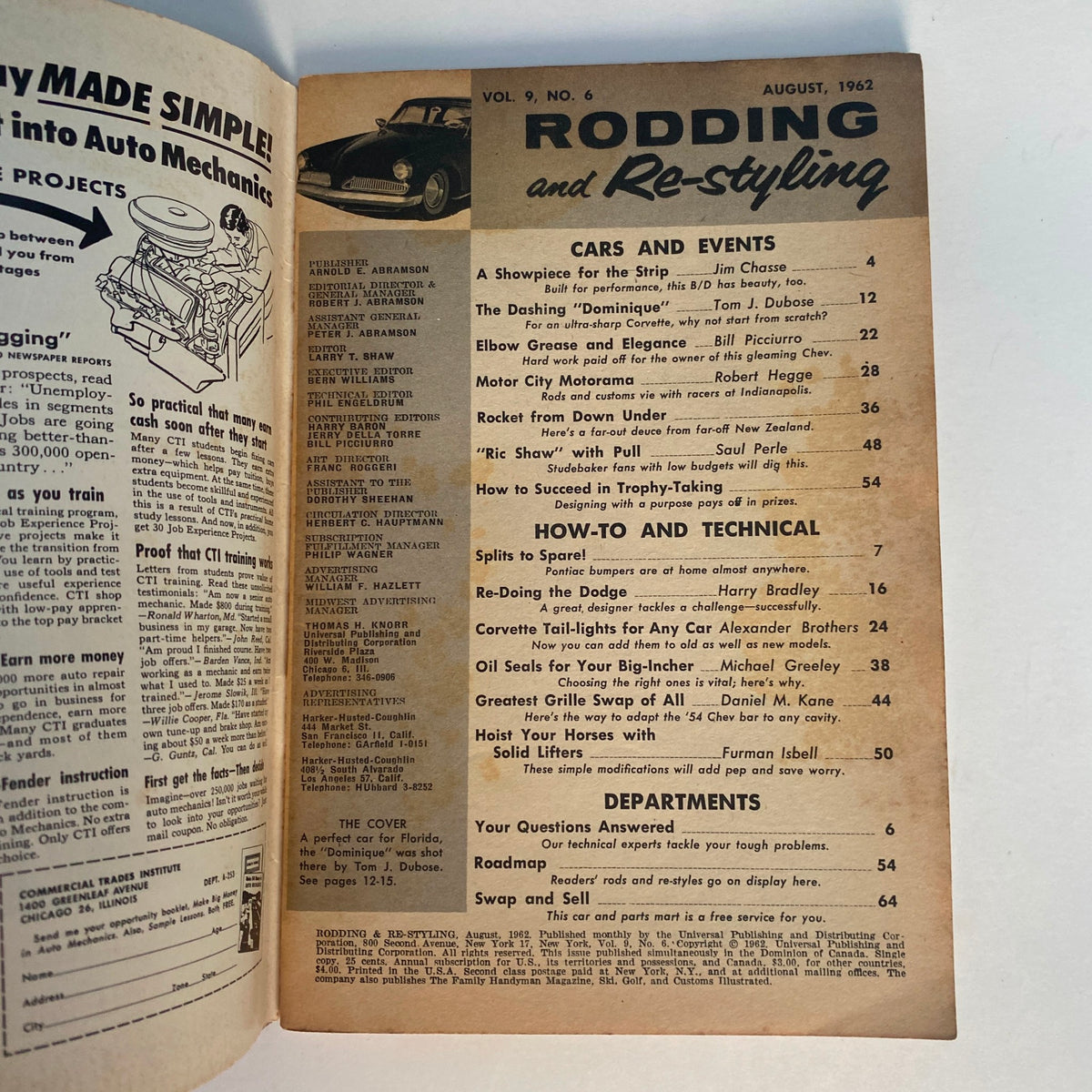 Inside page of the VTG Rodding & Re-Styling Magazine August 1962 showing the table of contents, including articles on automotive techniques and events.