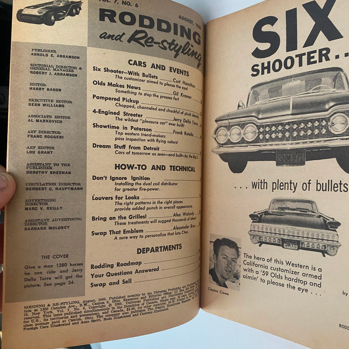 Interior page of VTG Rodding & Re-Styling Magazine August 1960 showcasing sections on cars and events with featured articles and images of classic automobiles.