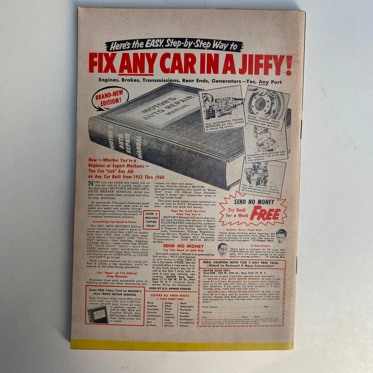 Back cover of VTG Rodding & Re-Styling Magazine August 1960 advertising a step-by-step auto repair manual with a catchy headline and graphics.