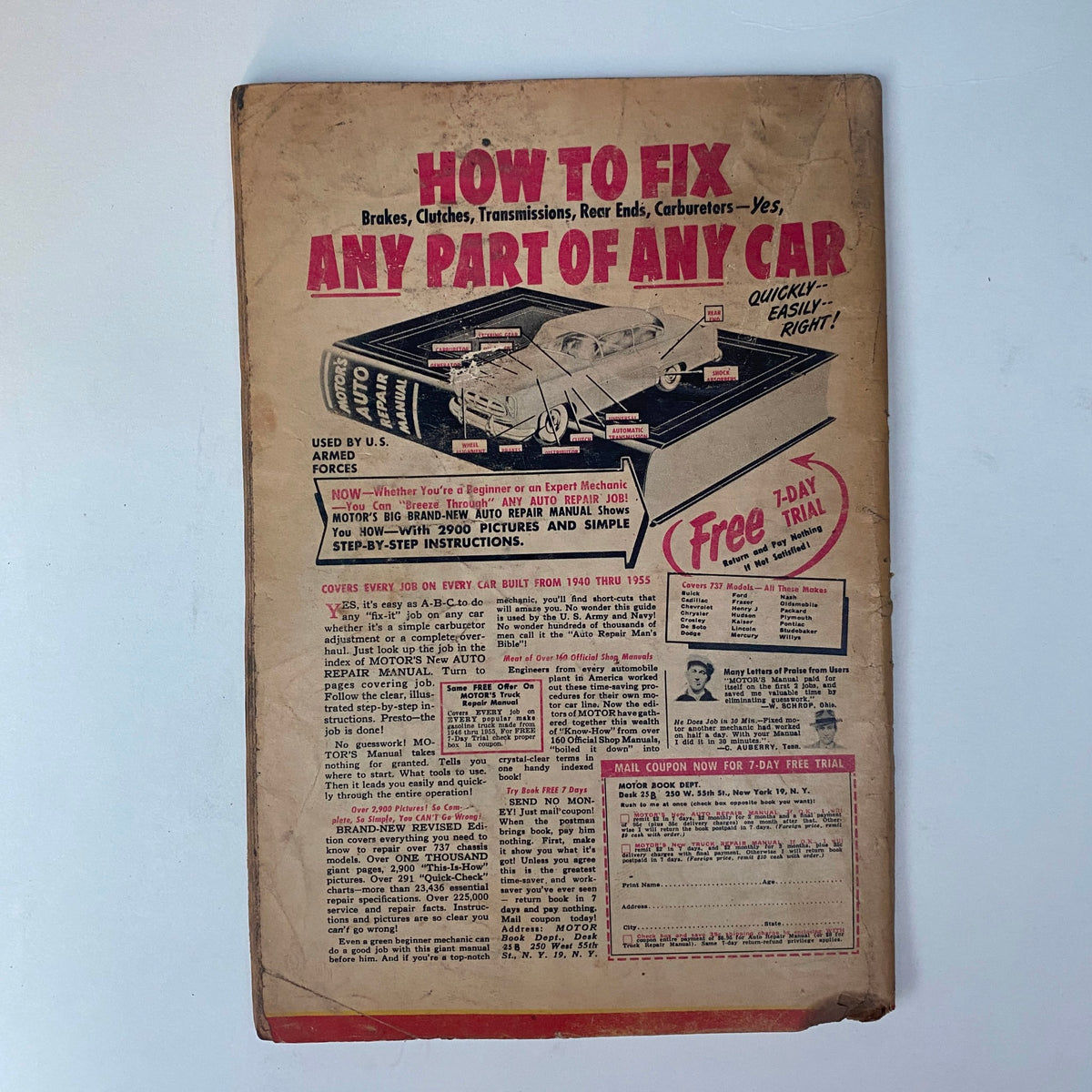 Back cover of the Vintage Rodding & Re-Styling Magazine February 1956 advertising an automotive repair manual with step-by-step instructions, aimed at car repair aficionados.