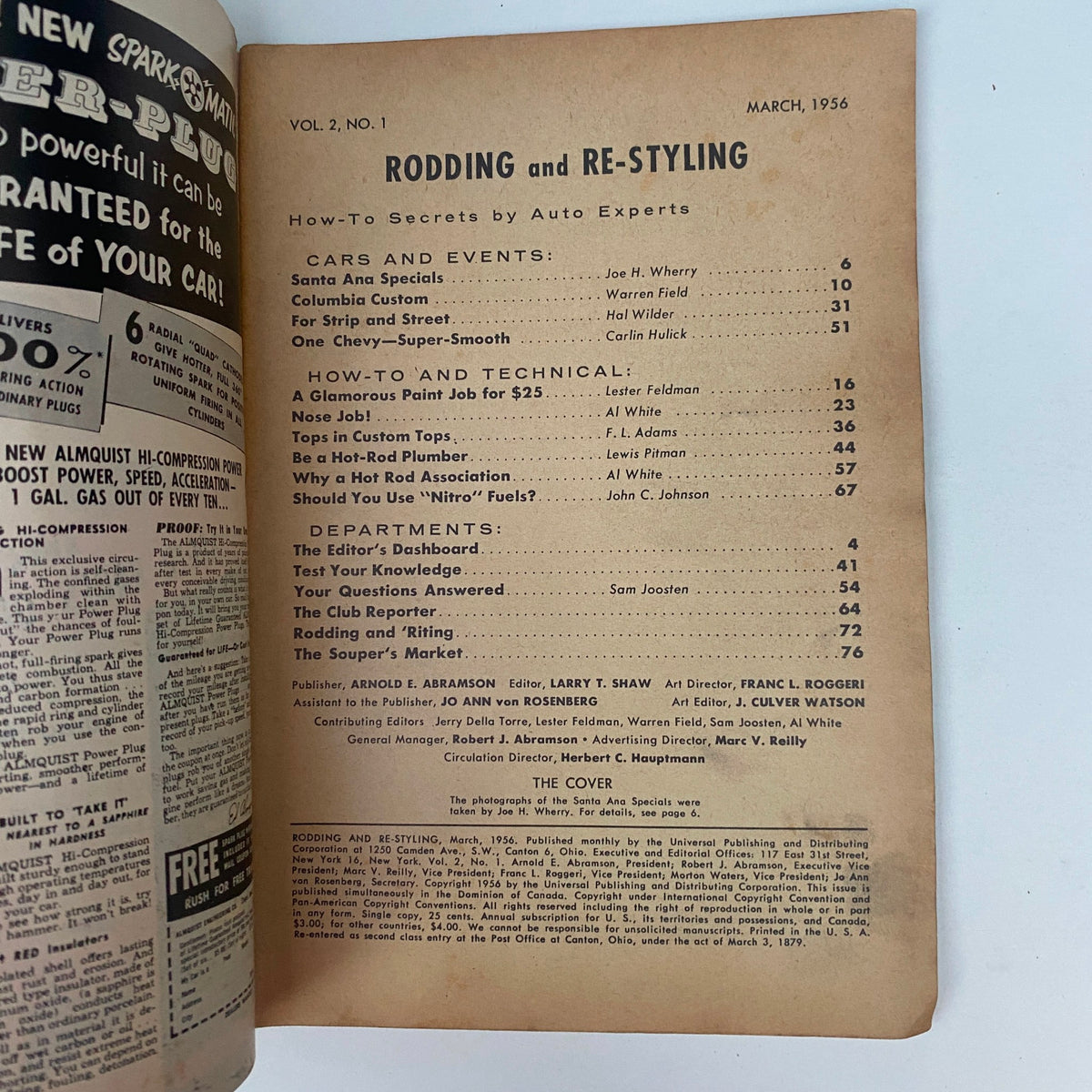 Inside page of Vintage Rodding & Re-Styling Magazine from March 1956, displaying the table of contents, highlighting articles on 'Santa Ana Specials' and technical car modification tips.