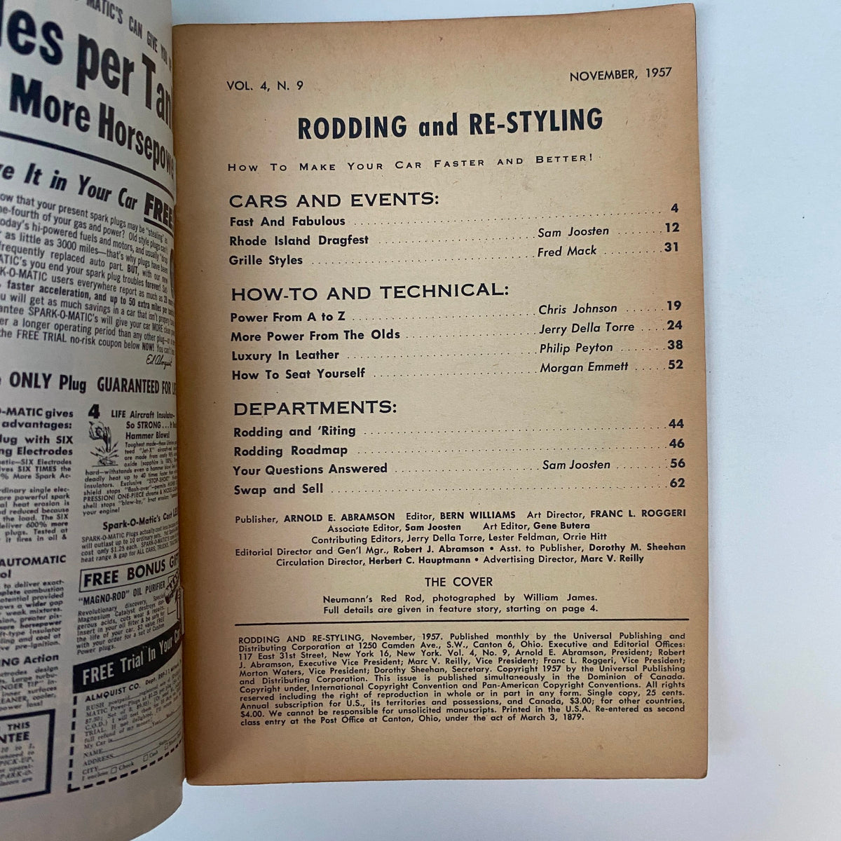 Table of contents page from VTG Rodding & Re-styling Magazine November 1957, detailing articles on automotive techniques and events related to car customization.