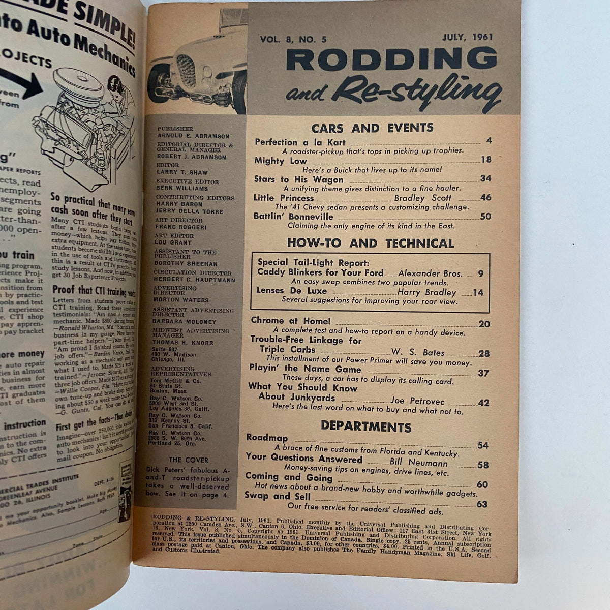 Interior page of Rodding & Re-Styling Magazine July 1961 showcasing the table of contents, with articles on cars, events, and automotive technical features.
