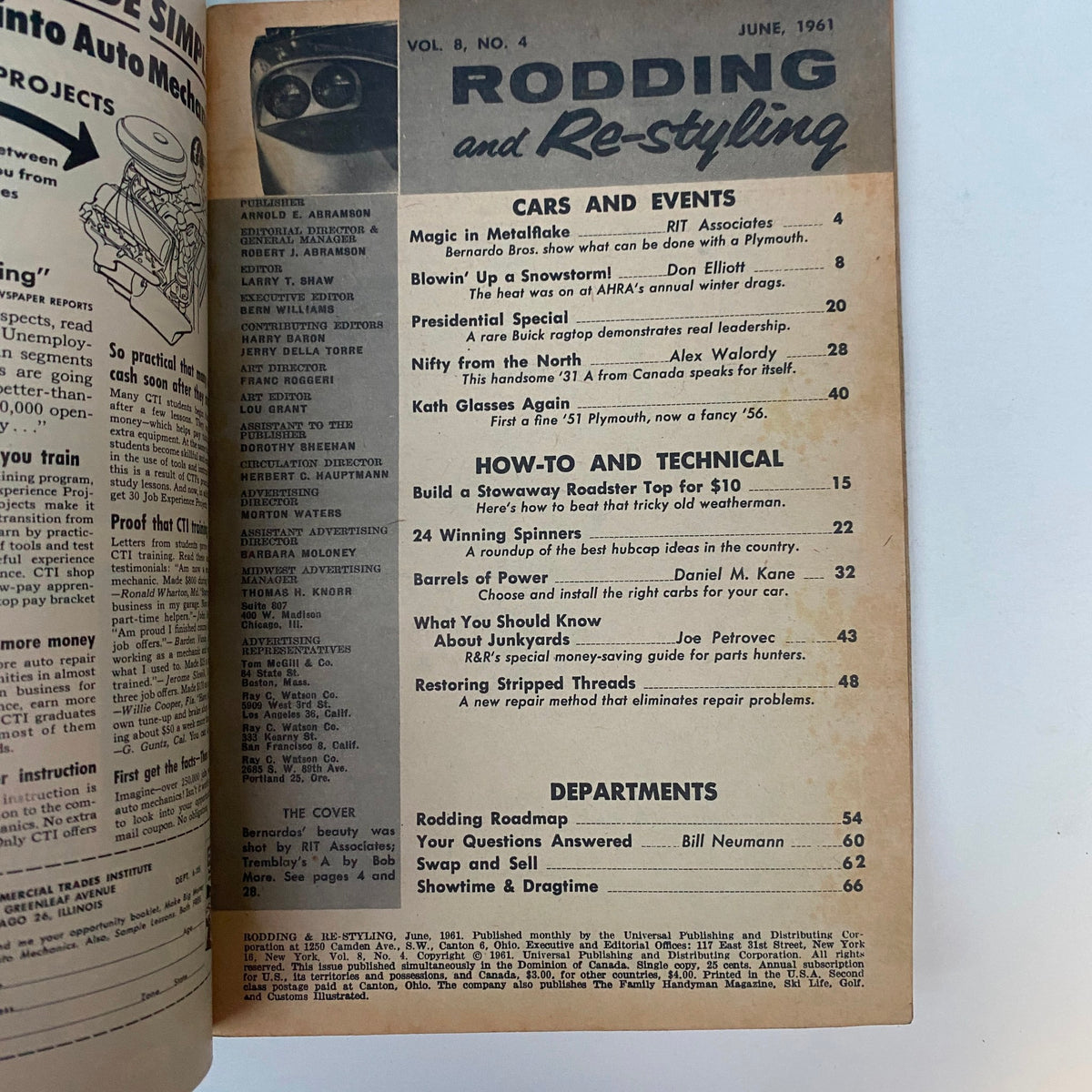 Interior page from Rodding & Re-Styling Magazine June 1961 displaying the table of contents and featured articles on classic car customization and events.