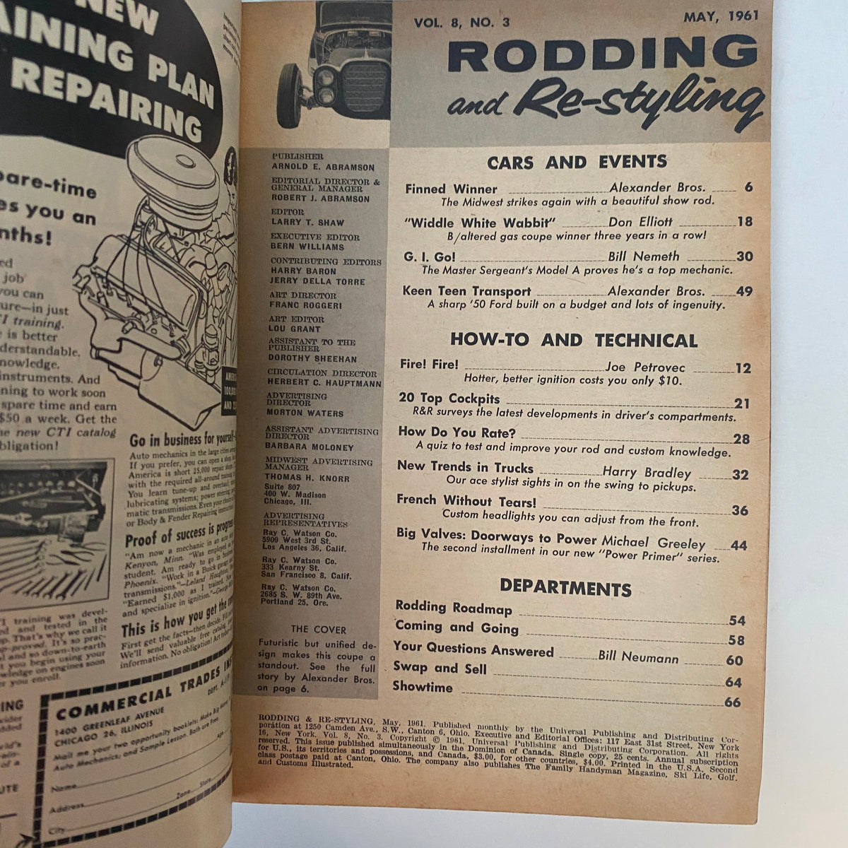 Interior page of Rodding & Re-Styling Magazine May 1961 displaying the table of contents and article titles related to automotive topics and technical advice.