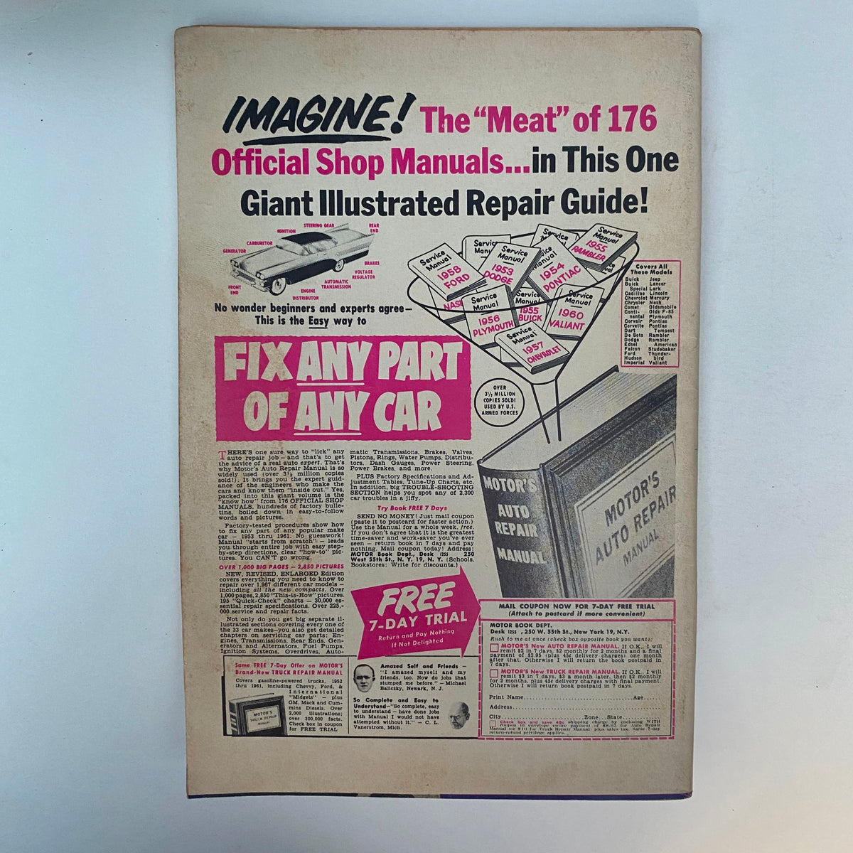 Back cover of Rodding & Re-Styling Magazine May 1961 promoting a repair guide with a bold advertisement for fixing any part of any car.