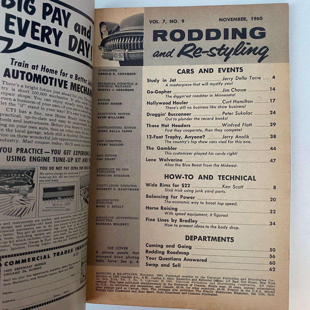 Inside page of Rodding & Re-Styling Magazine March 1961, displaying the Table of Contents and highlighting featured articles about cars and technical aspects.