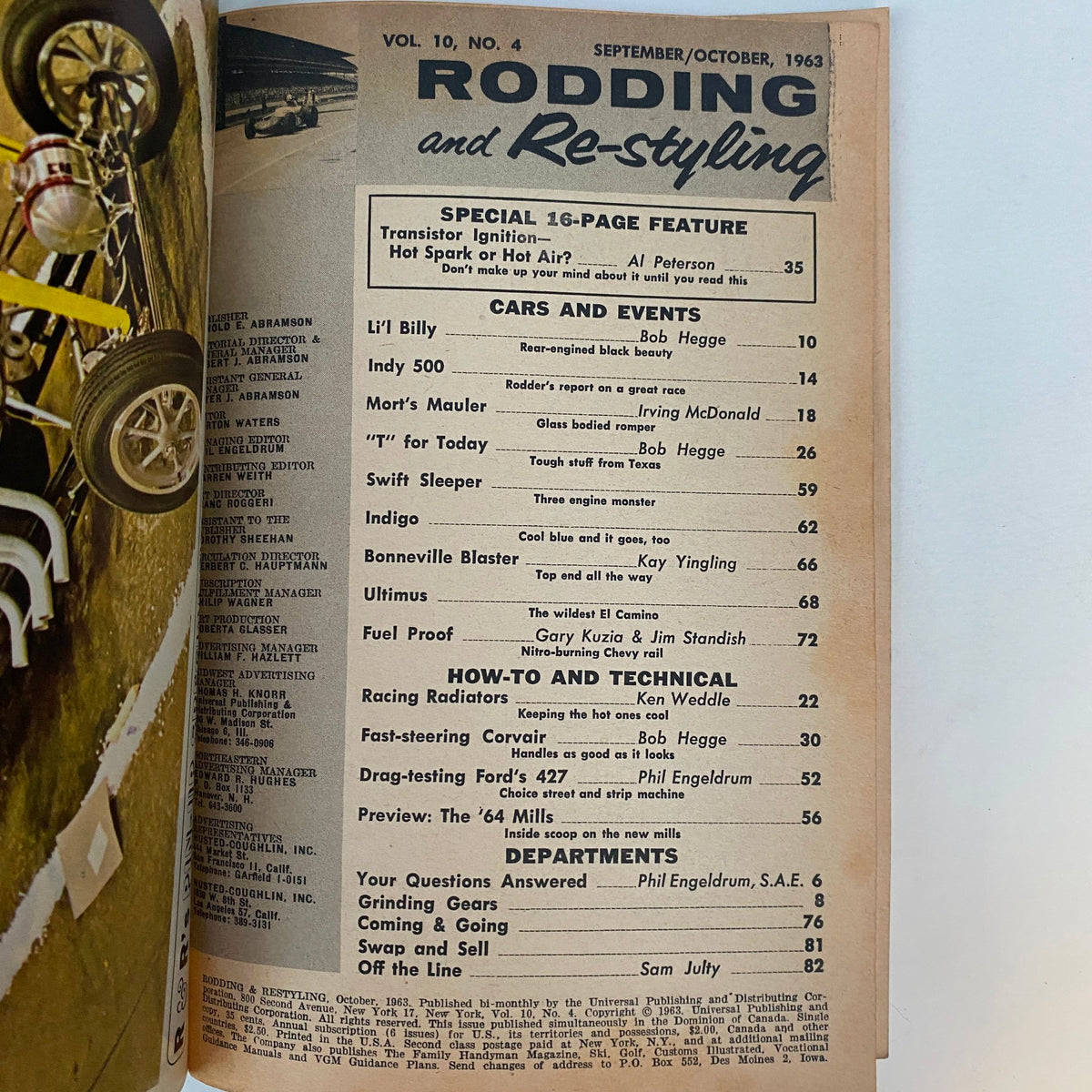 Rodding & Re-Styling Magazine October 1963 contents featuring articles on automotive performance, drag racing, and Ford's 427 engine.