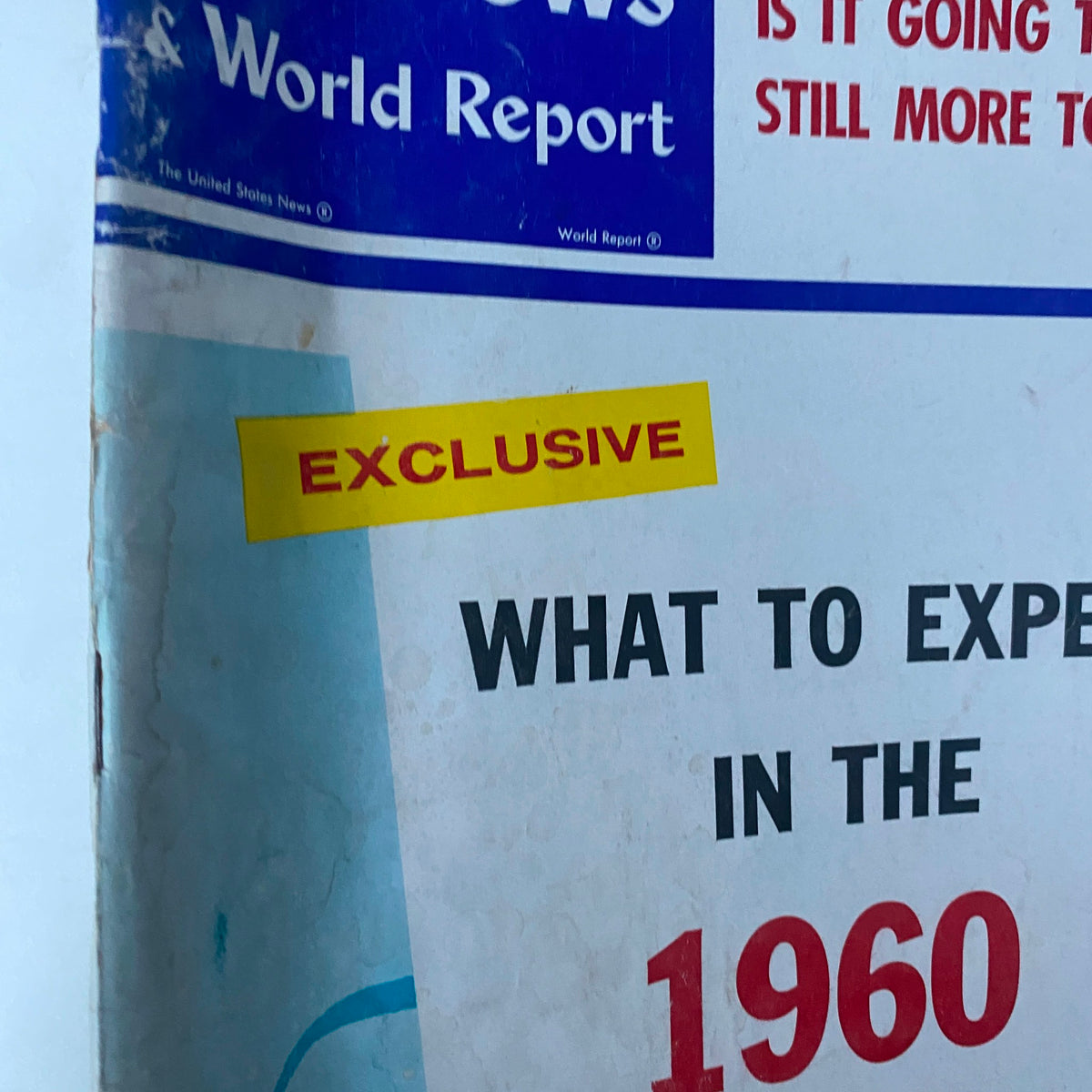 Close-up of US News & World Report Magazine July 13, 1959 cover displaying the exclusive headline, "What To Expect In The 1960 Autos" with a focus on the design.