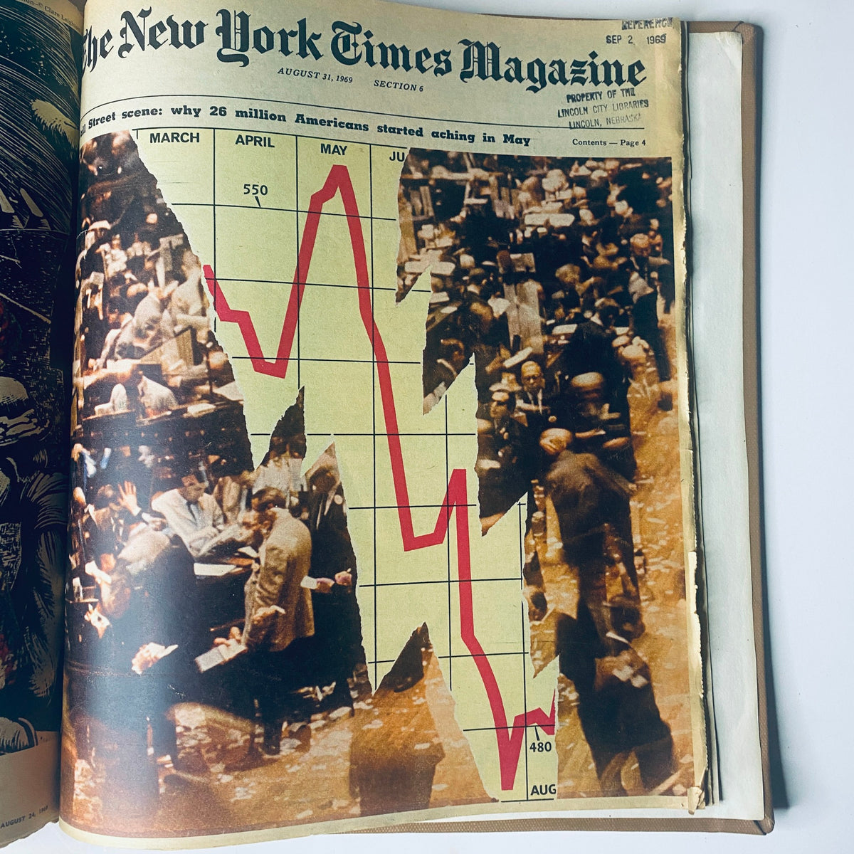 Graphical representation from The New York Times Library Edition Bound Magazine July-August 1969, illustrating economic trends with a chart and crowd scene on Wall Street.