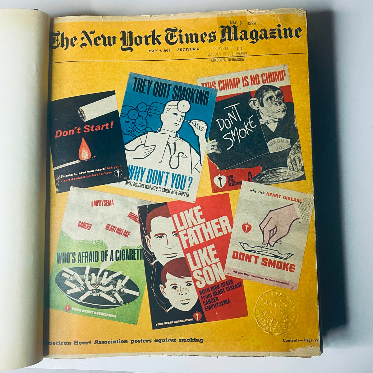 The New York Times Bound Magazine 1969 May - June, featuring the May 4, 1969 cover with colorful anti-smoking posters, emphasizing health risks.