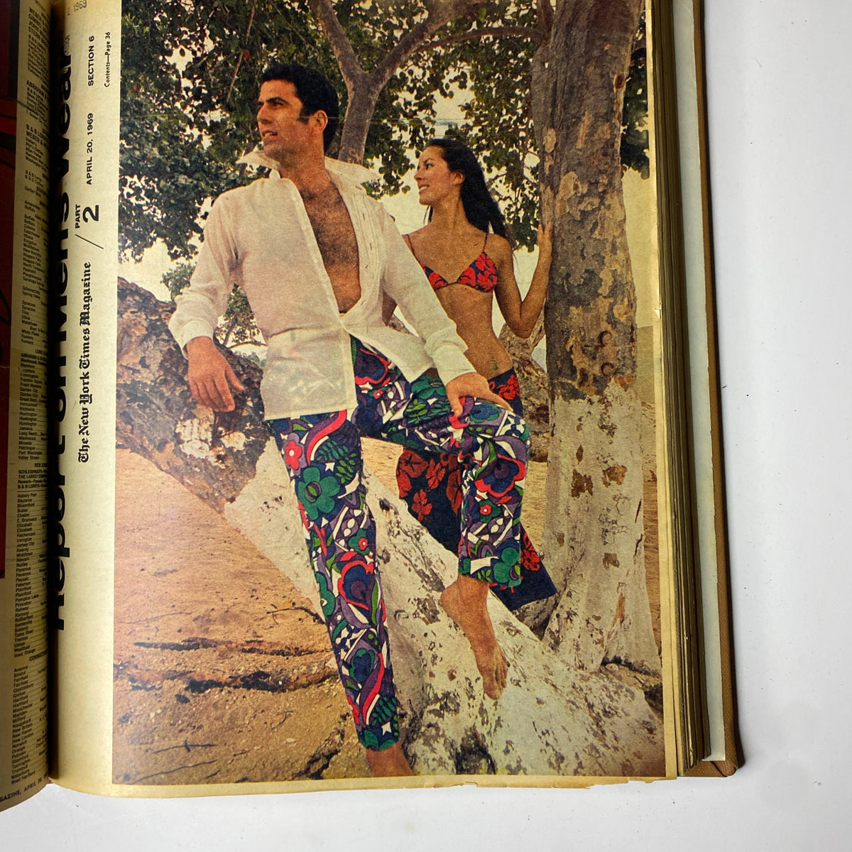 Fashion spread from The New York Times Magazine April 20, 1969, displaying 1960s swimwear styles on a couple, illustrating contemporary fashion trends.