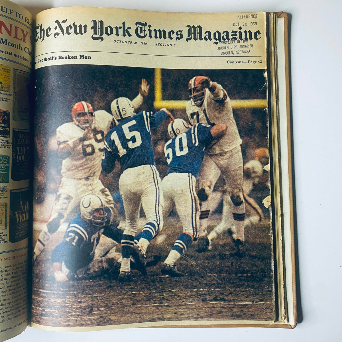 The New York Times Bound Magazine 1969 September - October capturing a dynamic moment in a football game, showcasing athletes during play, from the issue dated October 26, 1969.