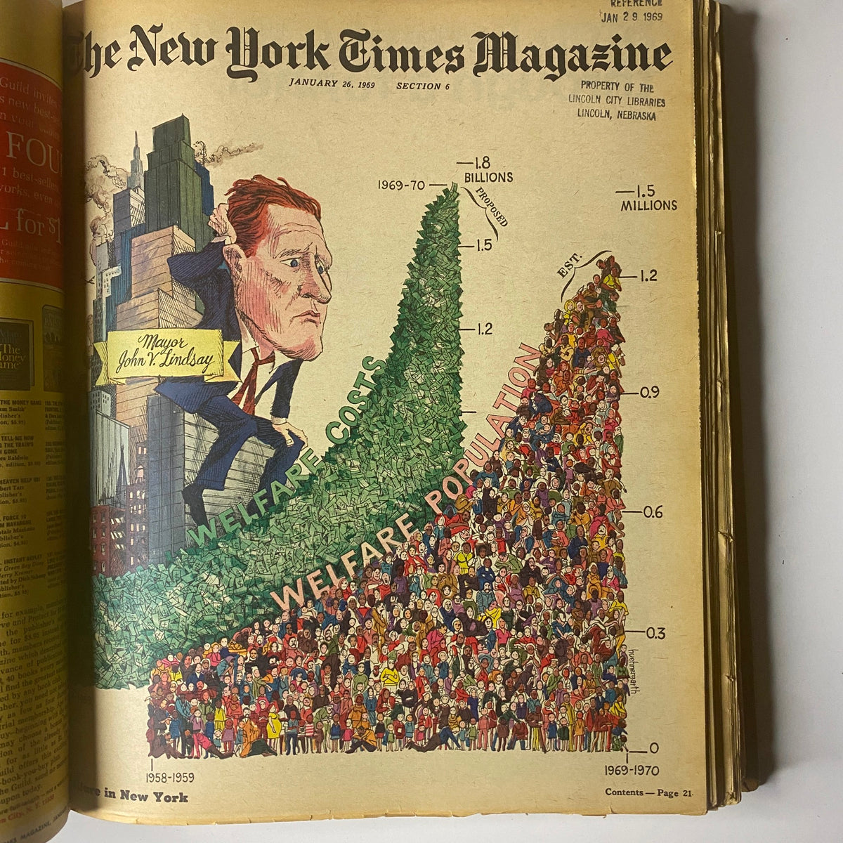 Cover of The New York Times Magazine, January 26, 1969, showcasing Mayor John Lindsay amidst a graphic representation of welfare issues in New York.