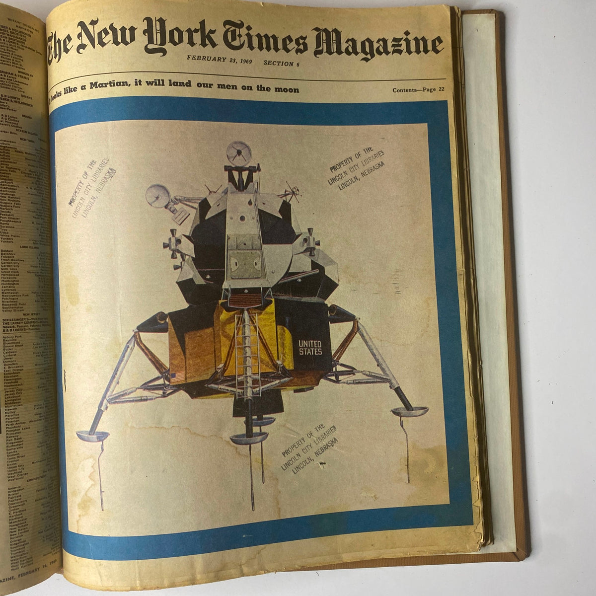 Cover page of The New York Times Library Edition Bound Magazine January - February 1969, featuring an illustration of a lunar lander with the headline 'Looks like a Martian, it will land our men on the moon'.