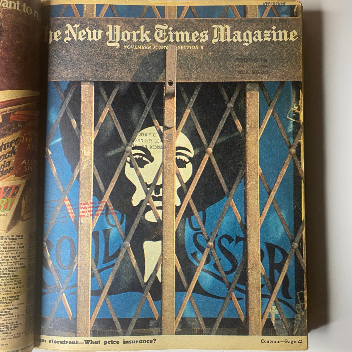 Inside page of The New York Times Library Edition Bound Magazine, dated November 8, 1970, featuring a graphic design with a woman's face behind bars.