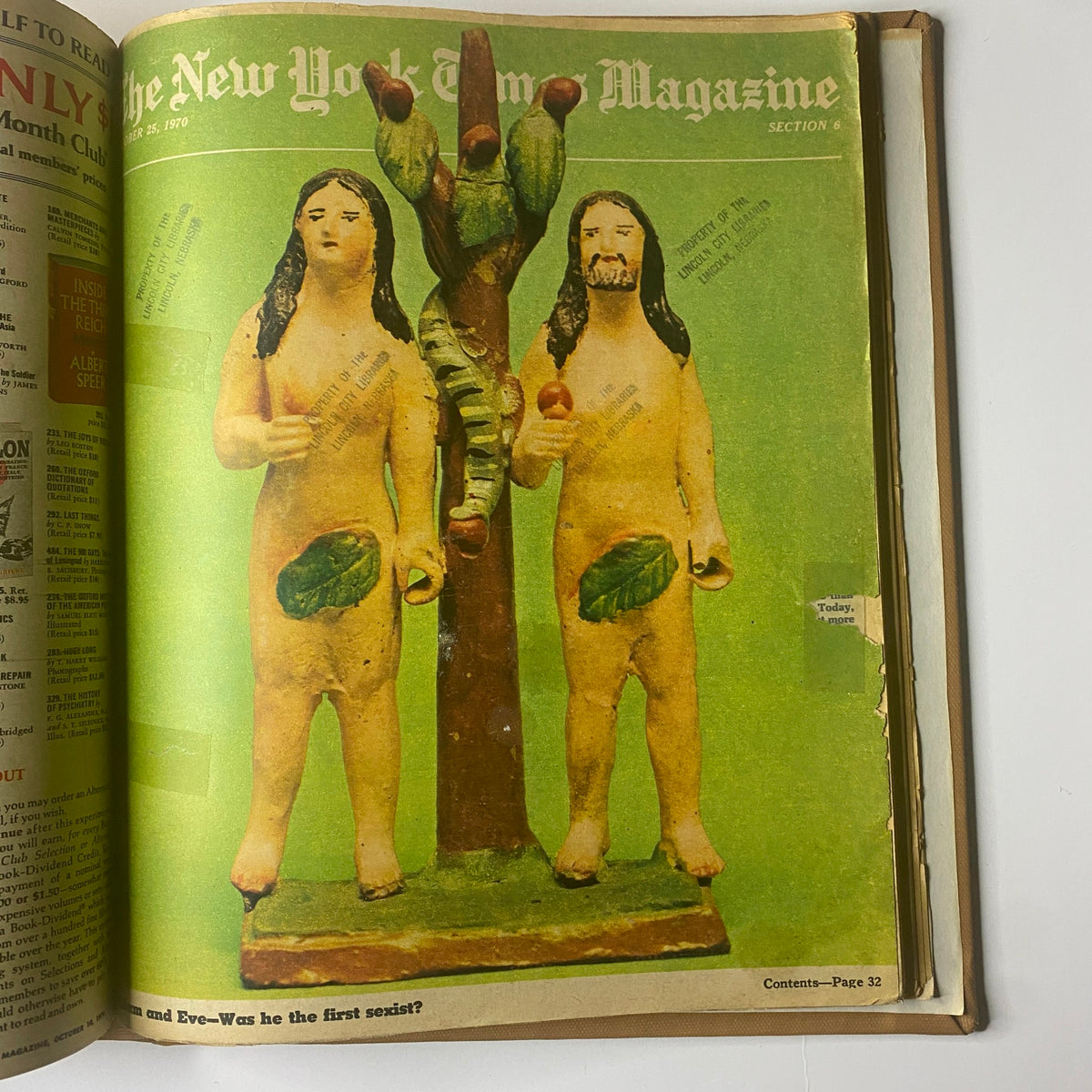 Cover image of The New York Times Library Edition Bound Magazine 1970 September - October featuring ceramic figures of Adam and Eve standing beside a tree, highlighting American culture and editorial insight from that era.