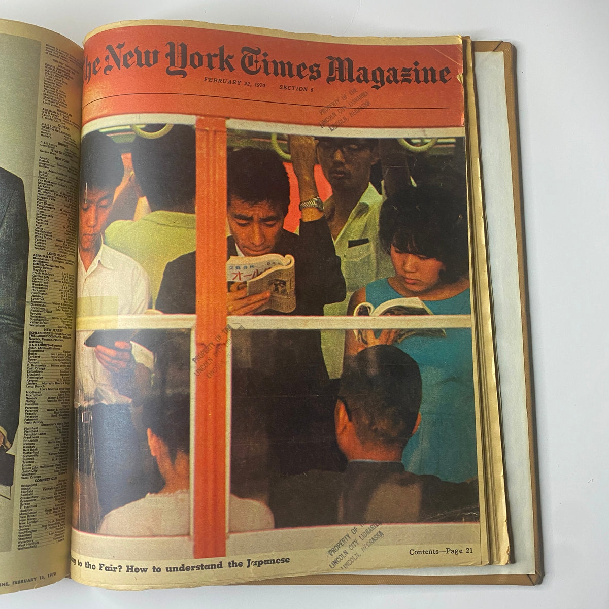 The New York Times Library Edition Bound Magazine 1970 January - February, featuring a cover from February 22, 1970, representing individuals reading on a train, illustrating societal interactions.