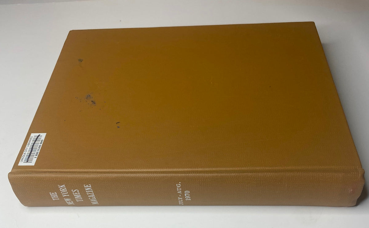 Spine of The New York Times Library Bound Magazine July - August 1970, displaying the title 'The New York Times Magazine' along with library stickers.