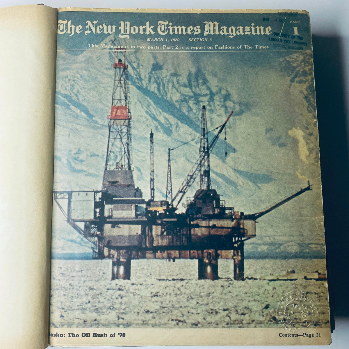 Cover image of the March 1, 1970 issue of The New York Times Magazine, featuring an oil rig in Alaska titled 'The Oil Rush of 70'.
