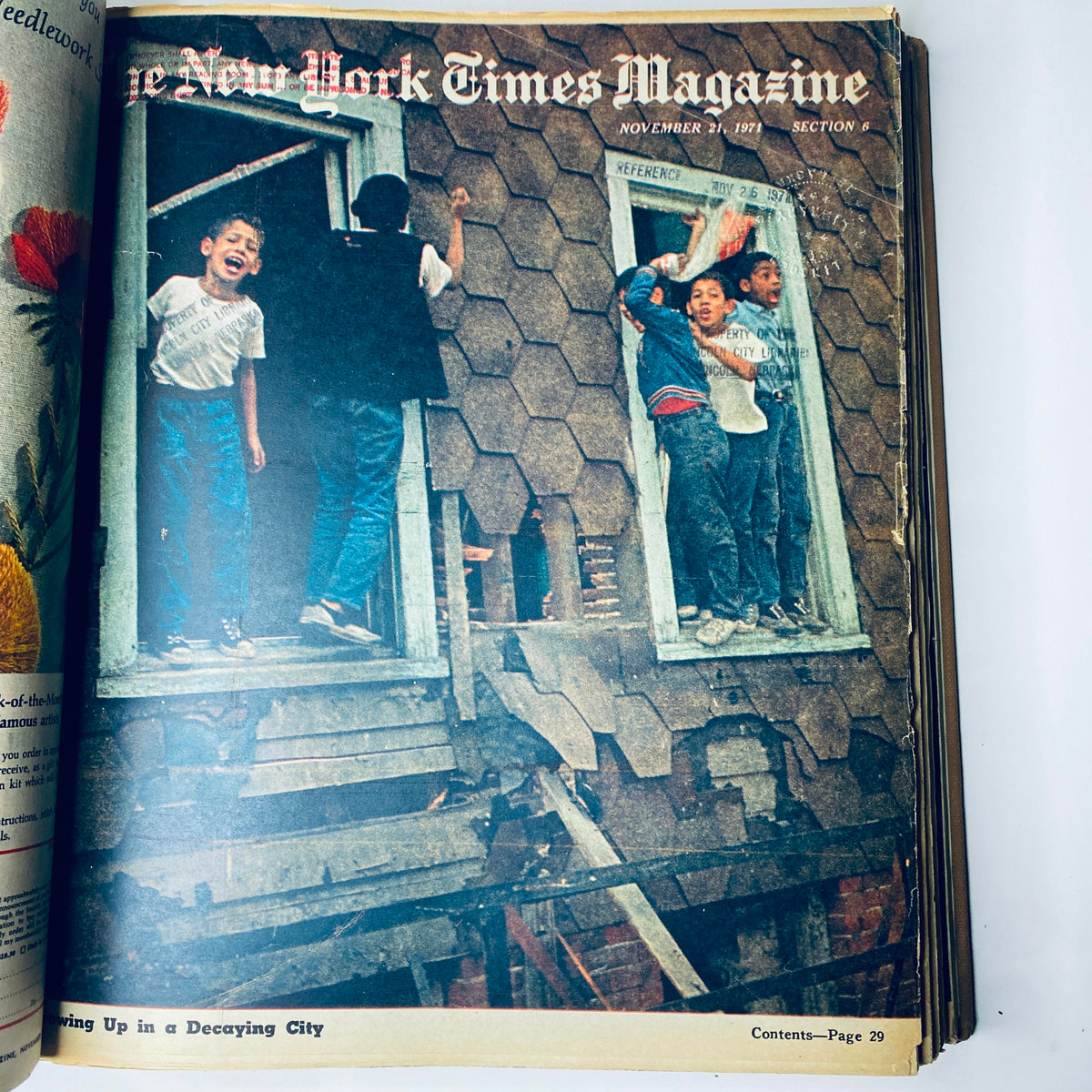 Page from The New York Times Magazine November 21, 1971, depicting children playing in an urban environment, encapsulating the essence of growing up.