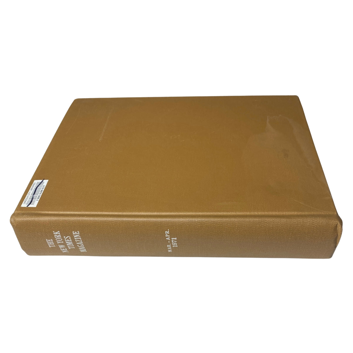 Spine view of The New York Times Library Edition Bound Magazine from March to April 1971, featuring gold binding and title details.