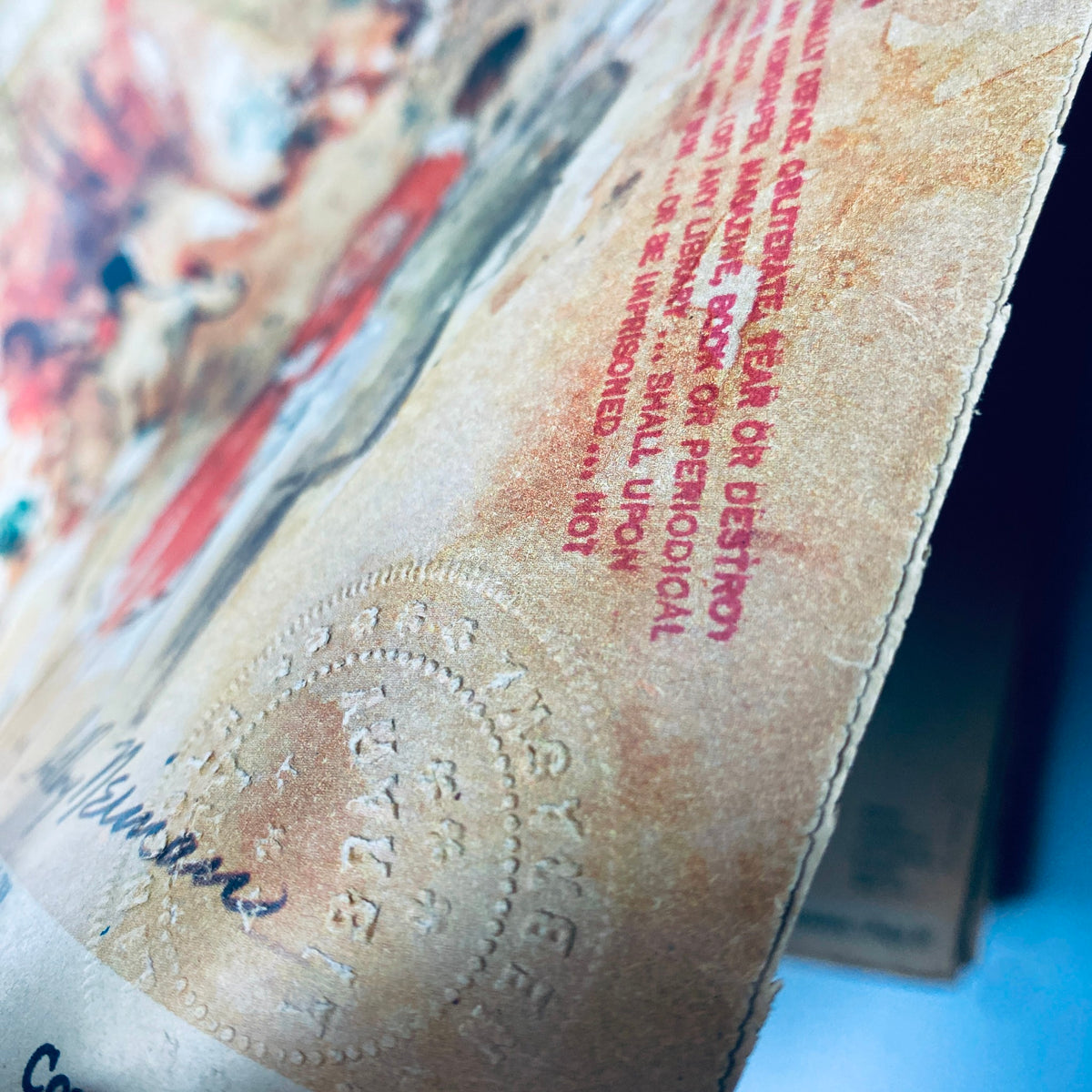 The New York Times Library Edition Bound Magazine 1971 March - April, a close-up view highlighting a library stamp on the cover page.