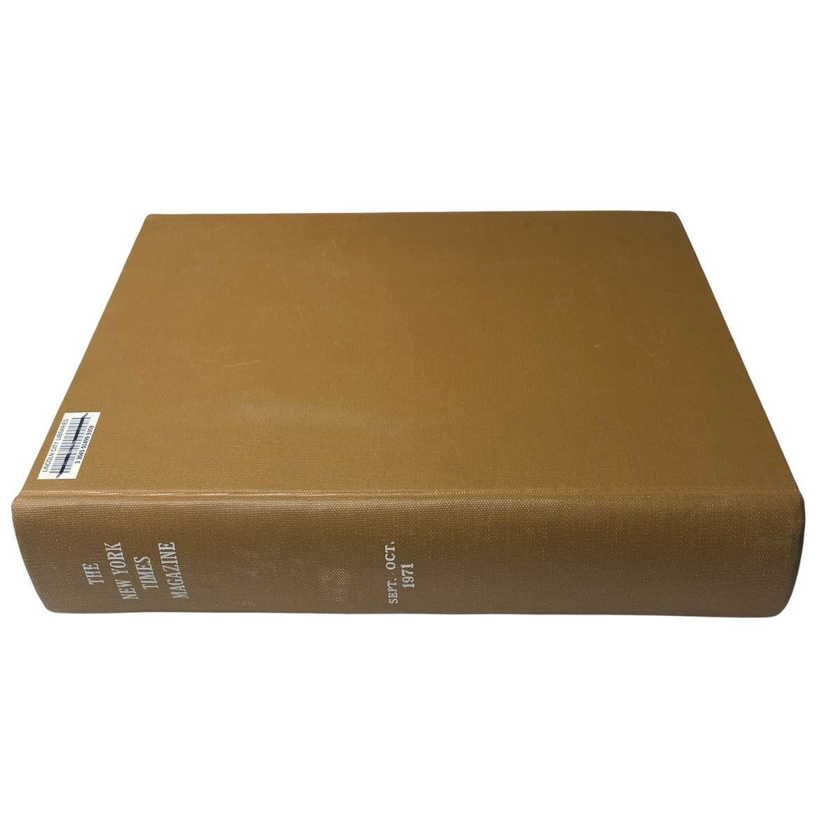 Spine view of the professionally bound The New York Times Magazine collection for September and October 1971, with clear label detailing the content.