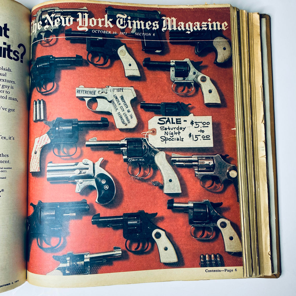 The New York Times Library Edition Bound Magazine 1971 September - October featuring a cover displaying a collection of vintage firearms, showcasing advertisements from the era.
