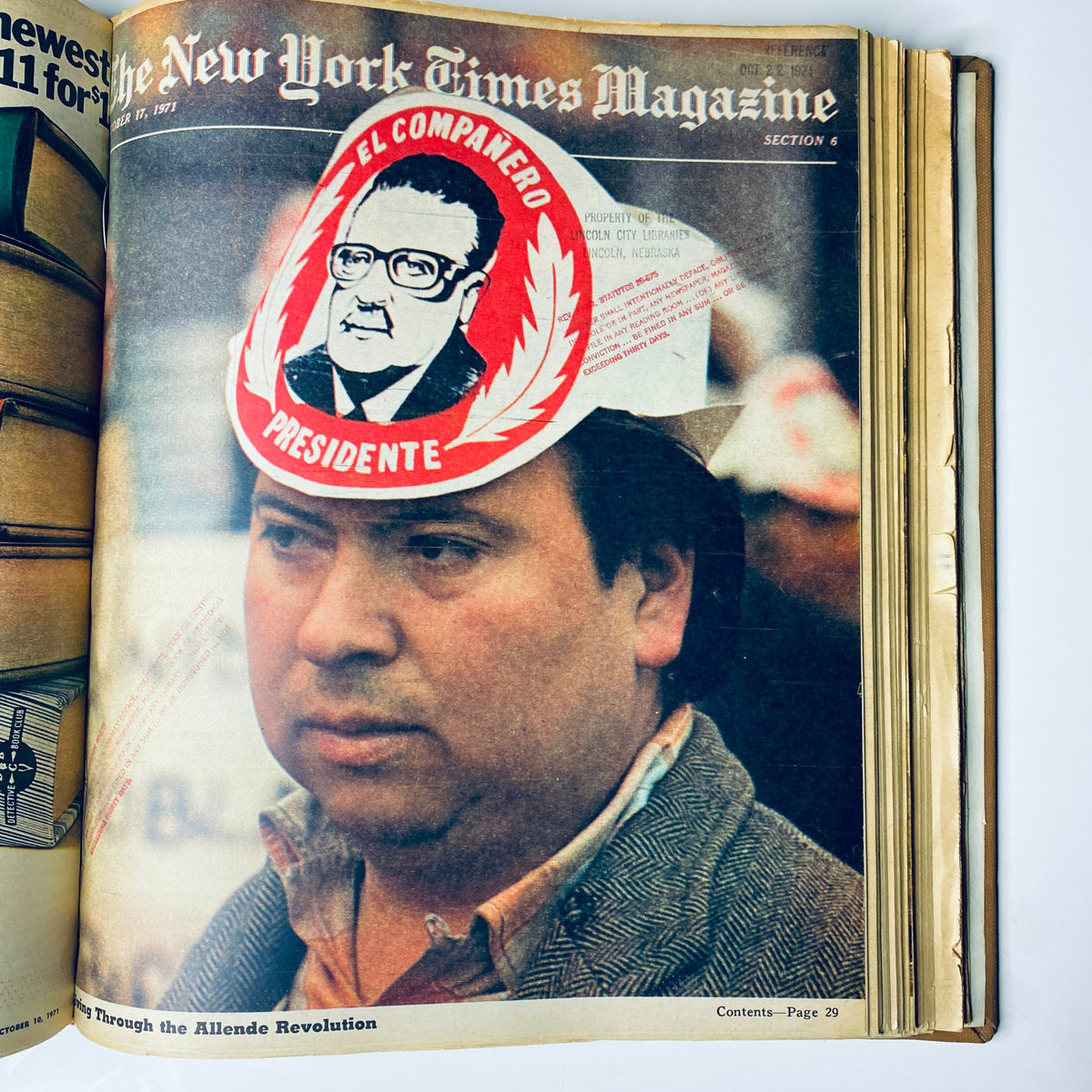 The New York Times Library Edition Bound Magazine 1971 September - October with a cover highlighting a man wearing a promotional hat, associated with political events of the Chilean Allende revolution.