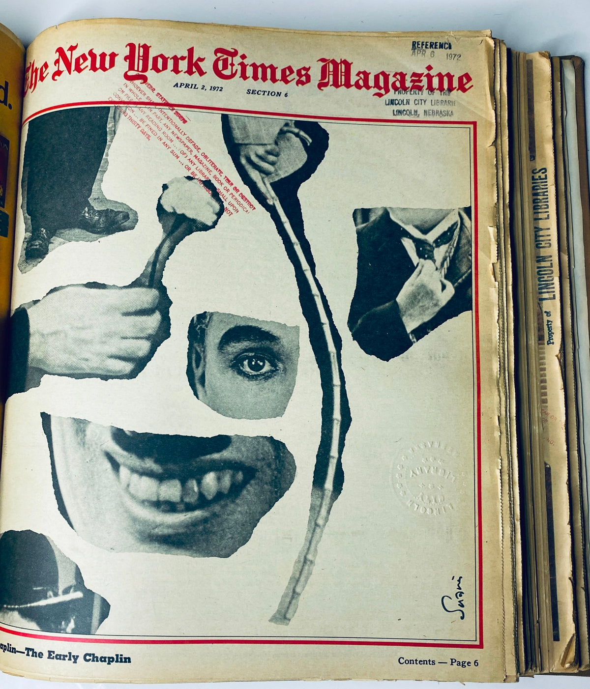 Cover of The New York Times Magazine, April 2, 1972, featuring an artistic collage related to The Early Chaplin and stamped 'Lincoln City Library'.