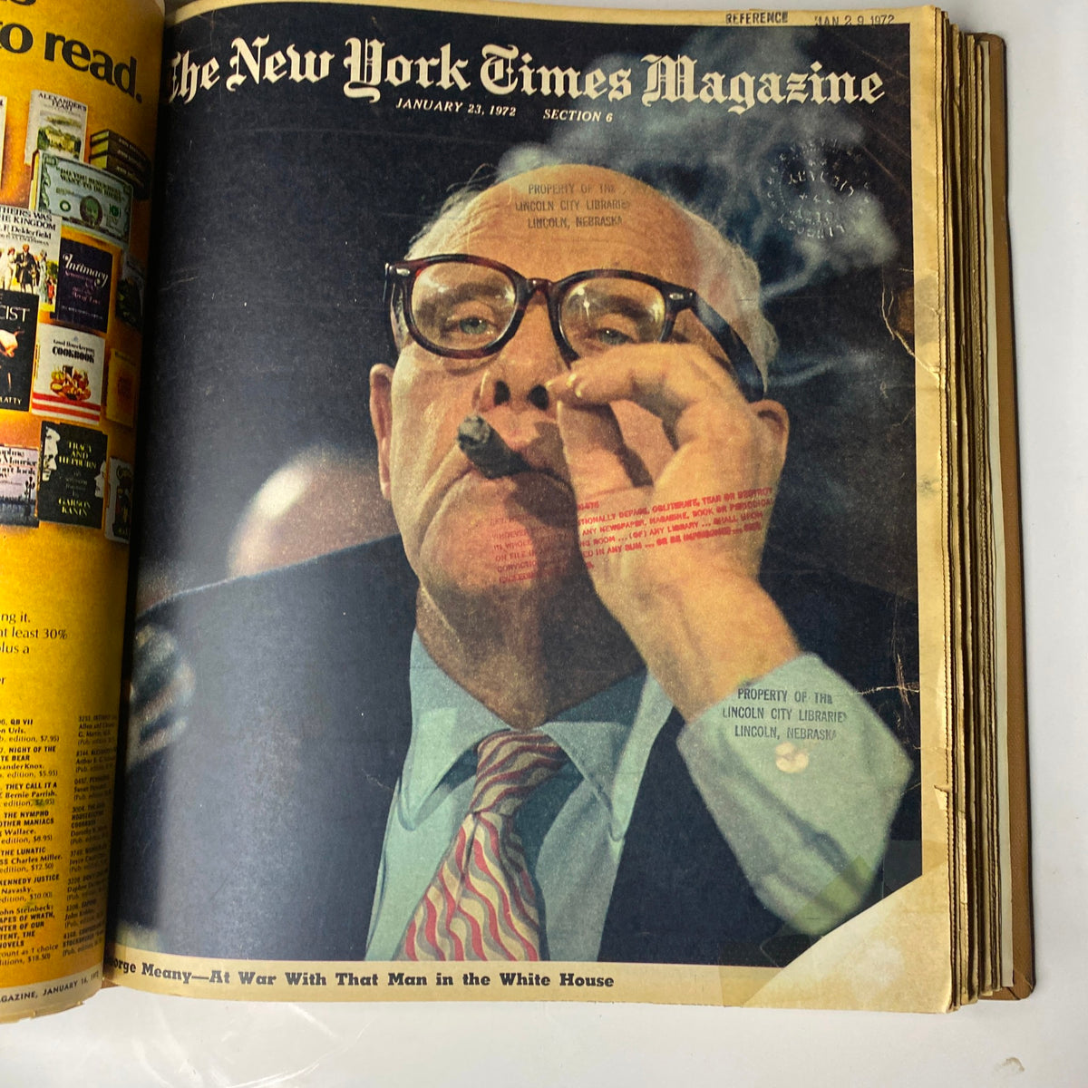Cover image of The New York Times Magazine, January 23, 1972, featuring a man with glasses smoking a cigar. The magazine showcases American journalism and culture from early 1972.