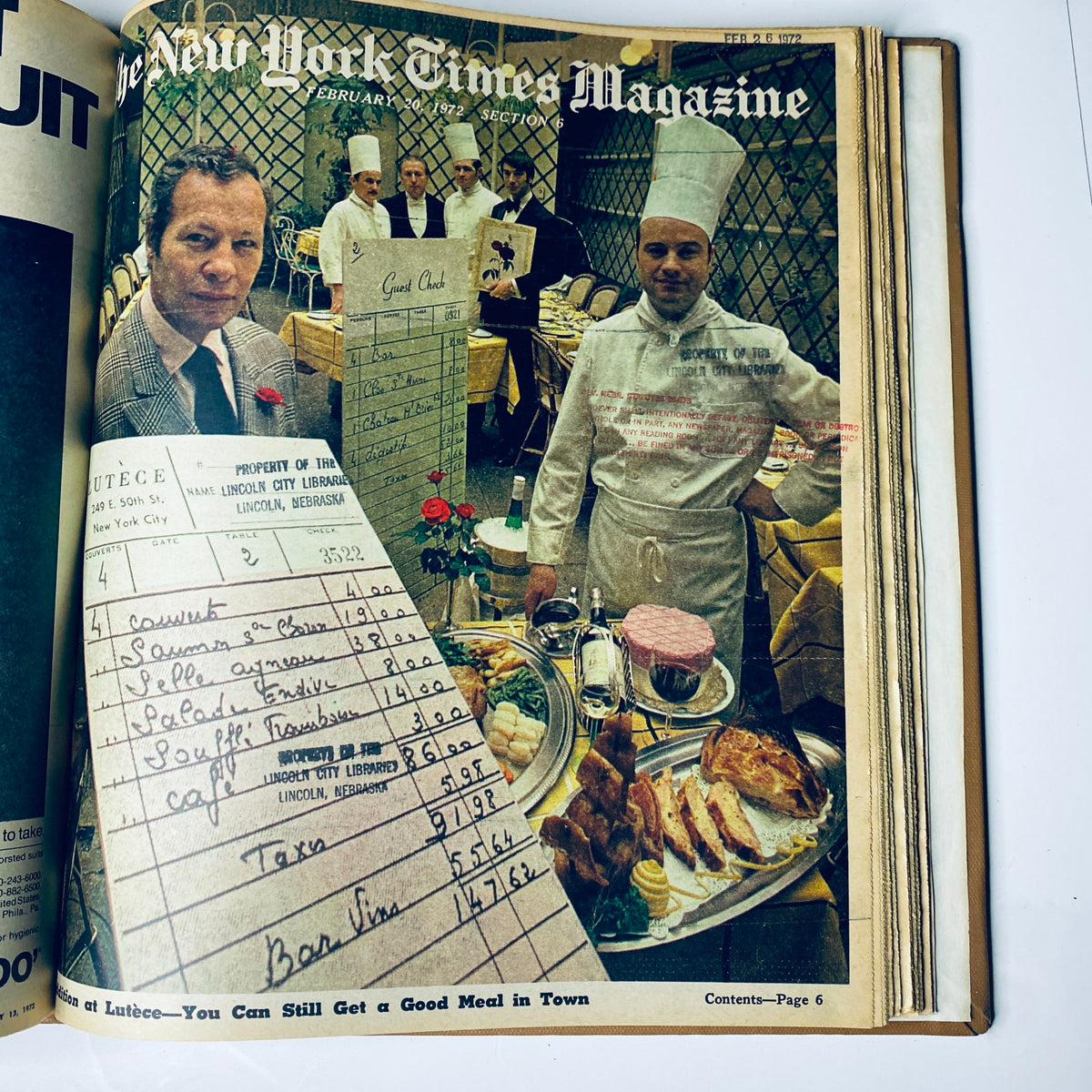Cover image of The New York Times Magazine, February 20, 1972, featuring a chef alongside a lavish table setting, showcasing themes of dining culture during the early 1970s.